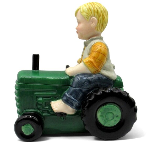 BOY Figurine On Green TRACTOR Ceramic Cookie Jar 11" Farmhouse Decor Rare Vintag - Picture 3 of 15